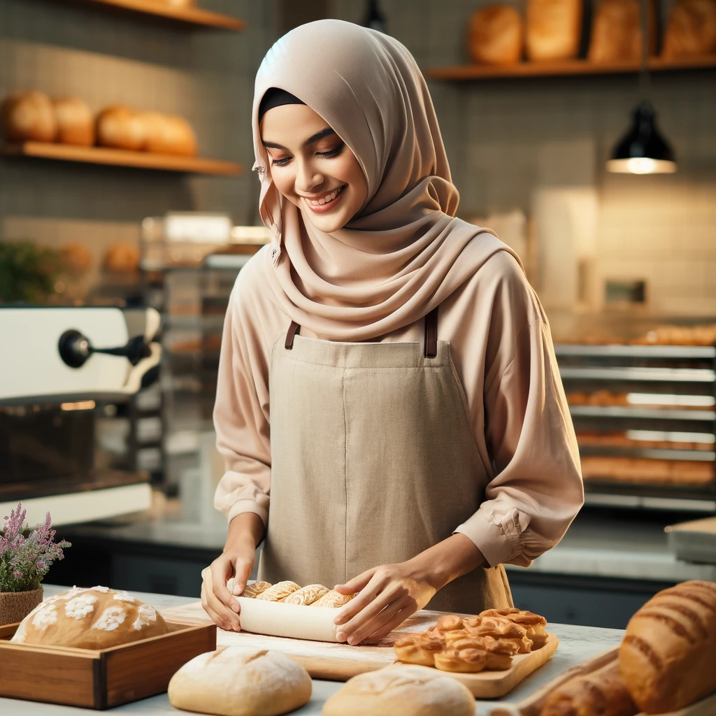 Lady baking bread in a bakery